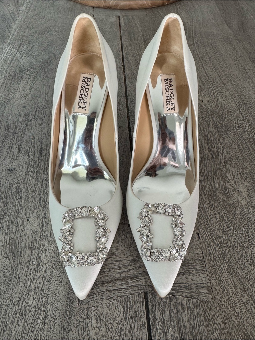 Badgley Mischka Ivory Satin Pointed Toe Heels with Crystal Buckle
